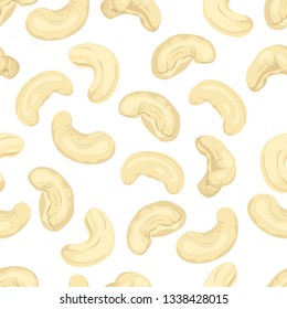 Cashew seamless pattern on white background. Vector illustration of nuts in cartoon simple flat style.