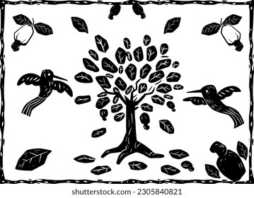 Cashew tree and various birds. Vector illustration in woodcut style.