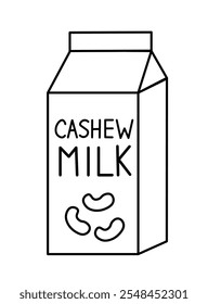 Cashew Vegan milk. Box Carton packaging. Outline, Doodle, Line art. Vector flat illustration.