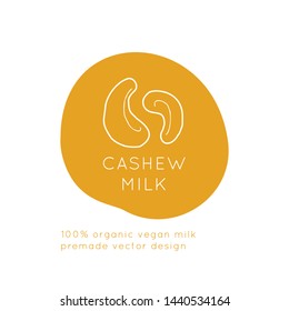 Cashew Vegan Milk packaging Vector logo design template with plant icon in linear style. Abstract emblem for organic shop, healthy food store or vegetarian cafe.
