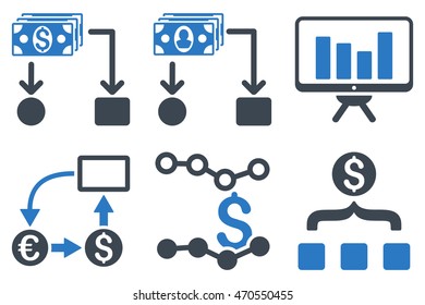 Cashflow Charts vector icons. Icon style is bicolor smooth blue flat symbols with rounded angles on a white background.