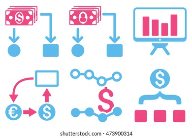 Cashflow Charts vector icons. Pictogram style is bicolor pink and blue flat icons with rounded angles on a white background.