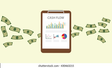 Cashflow With Clipboard Graph Chart With Money Flowing Behind The Paper Document Vector Graphic Illustration