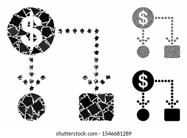 Cashflow composition of rugged parts in various sizes and color tints, based on cashflow icon. Vector raggy dots are combined into collage. Cashflow icons collage with dotted pattern.