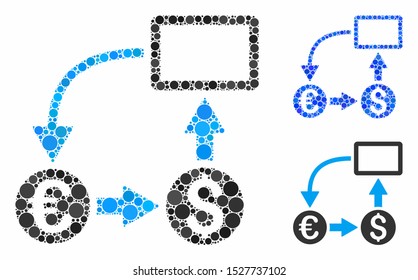 Cashflow Euro exchange composition of small circles in various sizes and color hues, based on cashflow Euro exchange icon. Vector filled circles are organized into blue composition.