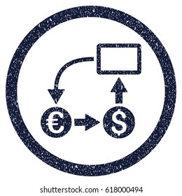 Cashflow Euro Exchange grainy textured icon inside circle for overlay watermark stamps. Flat symbol with scratched texture. Circled vector indigo blue rubber seal stamp with grunge design.