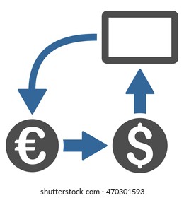 Cashflow Euro Exchange icon. Vector style is bicolor flat iconic symbol with rounded angles, cobalt and gray colors, white background.