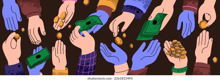 Cashflow, finance, economics concept. Hands exchanging, paying, giving, receiving banknotes, gaining coins, spending money. Cash flow, currency circulation. Financial flat vector illustration