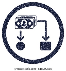 Cashflow grainy textured icon inside circle for overlay watermark stamps. Flat symbol with dust texture. Circled vector indigo blue rubber seal stamp with grunge design.