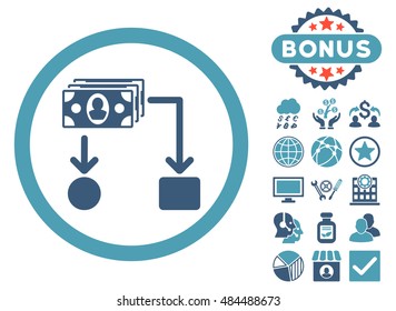 Cashflow icon with bonus elements. Vector illustration style is flat iconic bicolor symbols, cyan and blue colors, white background.