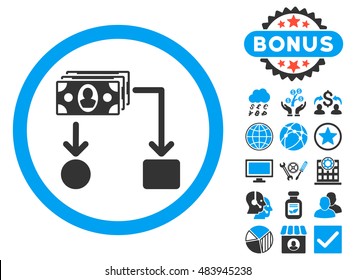 Cashflow icon with bonus pictogram. Vector illustration style is flat iconic bicolor symbols, blue and gray colors, white background.