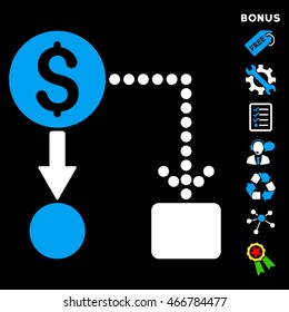 Cashflow icon with bonus pictograms. Vector illustration style is flat iconic bicolor symbols, blue and white colors, black background, rounded angles.