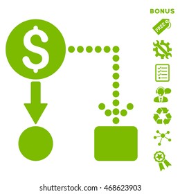 Cashflow icon with bonus pictograms. Vector illustration style is flat iconic symbols, eco green color, white background, rounded angles.