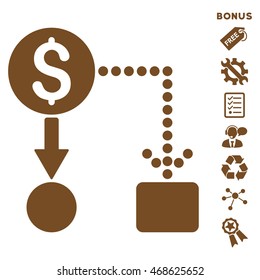 Cashflow icon with bonus pictograms. Vector illustration style is flat iconic symbols, brown color, white background, rounded angles.