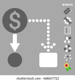 Cashflow icon with bonus pictograms. Vector illustration style is flat iconic bicolor symbols, dark gray and white colors, silver background, rounded angles.
