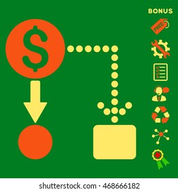 Cashflow icon with bonus pictograms. Vector illustration style is flat iconic bicolor symbols, orange and yellow colors, green background, rounded angles.