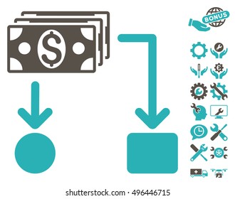 Cashflow icon with bonus tools graphic icons. Vector illustration style is flat iconic bicolor symbols, grey and cyan colors, white background.