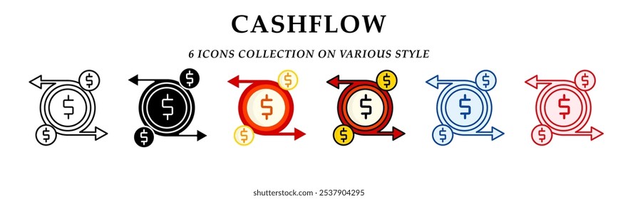 Coleção de ícones de fluxo de caixa. 6 Vários estilos. Ícone de cor linear, sólida, plana e linear. Para sinal, símbolo, apresentação, elemento, infográfico ou gráficos da Web. Ilustração de vetor.