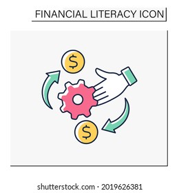 Icono de color de gestión de flujo de efectivo. Proceso de seguimiento del dinero. Analizando cualquier cambio en la cuenta. Concepto de alfabetización financiera. Ilustración vectorial aislada
