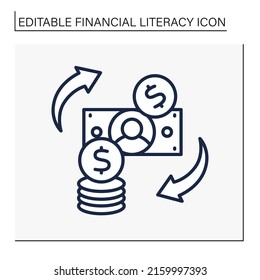  Cash-flow Management Line Icon. Tracking Money In Bank. Checking Bank Account. Financial Literacy Concept. Isolated Vector Illustration. Editable Stroke