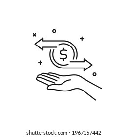 cashflow or money transfer with thin line hand. flat lineart trend modern linear logotype graphic stroke art design element isolated on white background. concept of fast tax deduction or send cost