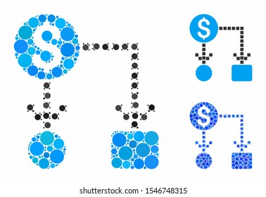 Cashflow mosaic of small circles in various sizes and color hues, based on cashflow icon. Vector small circles are grouped into blue mosaic. Dotted cashflow icon in usual and blue versions.