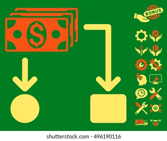 Cashflow pictograph with bonus tools graphic icons. Vector illustration style is flat iconic bicolor symbols, orange and yellow colors, green background.