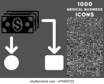 Cashflow vector bicolor icon with 1000 medical business icons. Set style is flat pictograms, black and white colors, gray background.