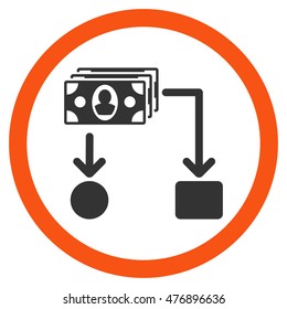 Cashflow vector bicolor rounded icon. Image style is a flat icon symbol inside a circle, orange and gray colors, white background.