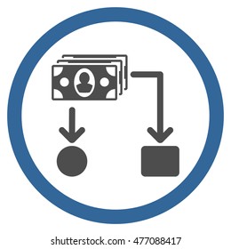 Cashflow vector bicolor rounded icon. Image style is a flat icon symbol inside a circle, cobalt and gray colors, white background.