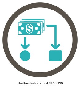 Cashflow vector bicolor rounded icon. Image style is a flat icon symbol inside a circle, grey and cyan colors, white background.