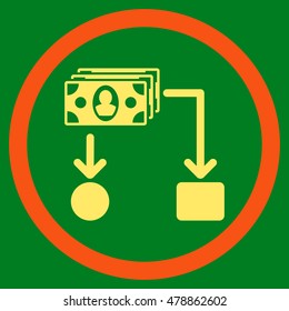 Cashflow vector bicolor rounded icon. Image style is a flat icon symbol inside a circle, orange and yellow colors, green background.