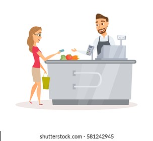 Cashier In The Apron And Buyer Pays Purchase. Cash Register Desk Or Checkout Counter At Grocery Store. Credit Card Payment. Cartoon Interior And Assistant Of A Retail Shop.