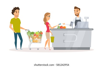 Cashier In The Apron And Buyer Pays Purchase. Cash Register Desk Or Checkout Counter At Grocery Store. Credit Card Payment. Interior And Assistant Of A Retail Shop. Man And Woman Standing In A Queue