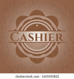 Cashier badge with wood background