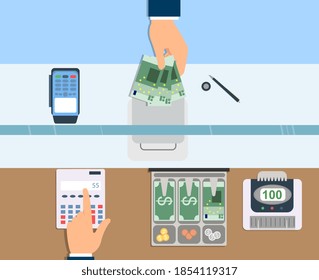 Cashier in bank. Bank worker , financial specialist, cash, currency exchange. Vector illustration, flat design style. Cashier window. Customer service. Cash register, money. Finance and money.