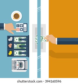 Cashier in bank. Worker bank, financial specialist, cash, currency exchange. Vector illustration, flat design style. Cashier window. Customer service. Cash register, money. Finance and money.