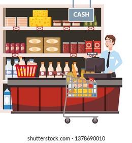 Cashier behind the cashier counter in the interior supermarket, shop, store, shelves food products, goods. Grocery cart full of groceries. Vector, illustration, cartoon style, isolated