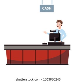 Cashier behind the cashier counter in the supermarket, shop, store. Vector, illustration, cartoon style, isolated