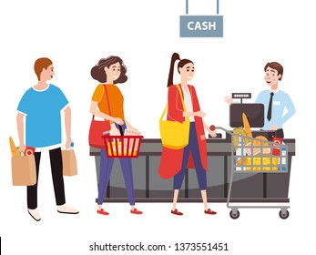 Cashier behind the cashier counter in the supermarket, shop, store serves the buyer, a womans with a basket and grocery cart full of groceries. Vector, illustration, cartoon style, isolated