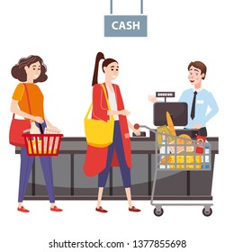 Cashier behind the cashier counter in the supermarket, shop, store serves the buyer, a womans with a basket full of groceries. Vector, illustration, cartoon style, isolated