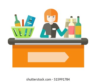 Cashier behind the store counter and cash register. Flat design. Smiling woman cashier sits behind the cash register and ringing drinks. Selling of alcohol and alcoholic beverages in the supermarket.