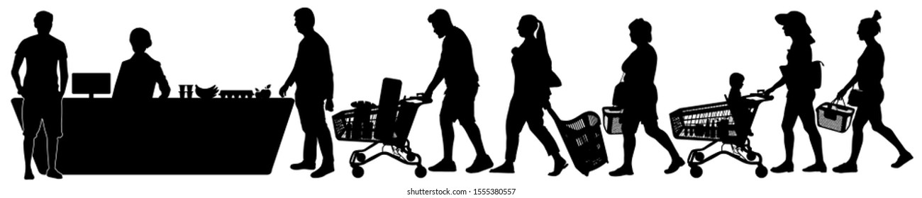 Cashier at cash desk supermarket. Crowd of shoppers black friday. line in store at checkout. Vector silhouette isolated