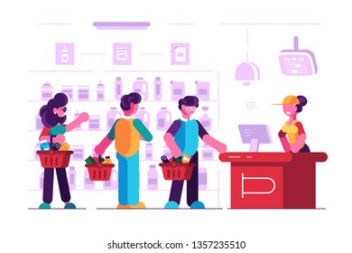 Cashier at cash desk in supermarket vector illustration. Customers in long queue with female paymaster at groceries store flat style concept. Self-service shop interior