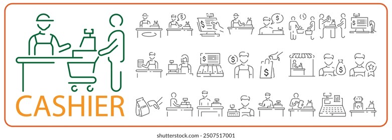 Cashier and Cash register line icon set design. Payment service machine sign and symbol