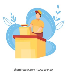 Cashier at the cashbox in supermarket.  Man in uniform working at the checkout in store. Place of payment for products. Workplace store employee. Vector illustration.
