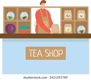 Cashier character man trade leaf sheet tea and coffee drink, concept infusion shop flat vector illustration, isolated on whtie. Organic ecology clear healthy tea, little personal store.