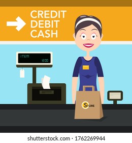 Cashier - Checker Woman in Supermarket Store with Paper Bag Vector Illustration