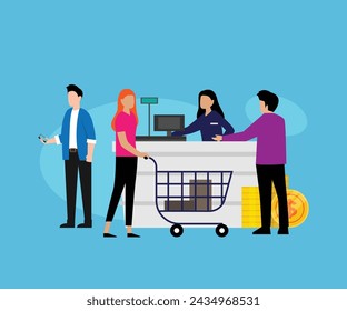 Cashier, checkout counter and buyer pays purchase in supermarket flat vector illustration