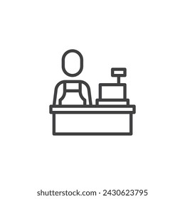 Cashier at the checkout counter line icon. linear style sign for mobile concept and web design. Store cashier outline vector icon. Symbol, logo illustration. Vector graphics